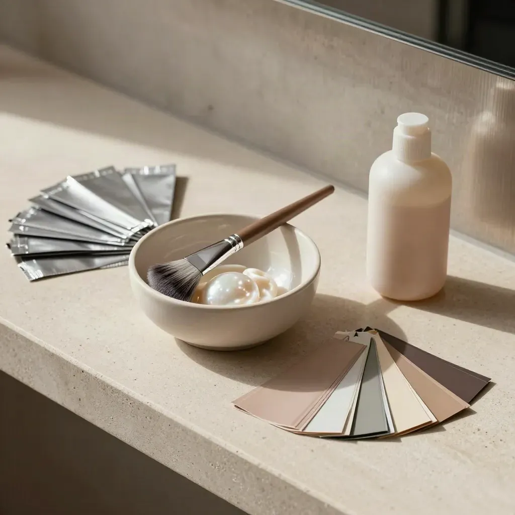 Diagonal flatlay of colour refresh tools on pale stone in moody salon light
