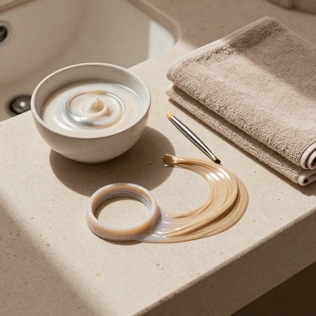 Pearly toner bowl, diagonal foils, and blonde swatches on a brushed-stone salon counter.