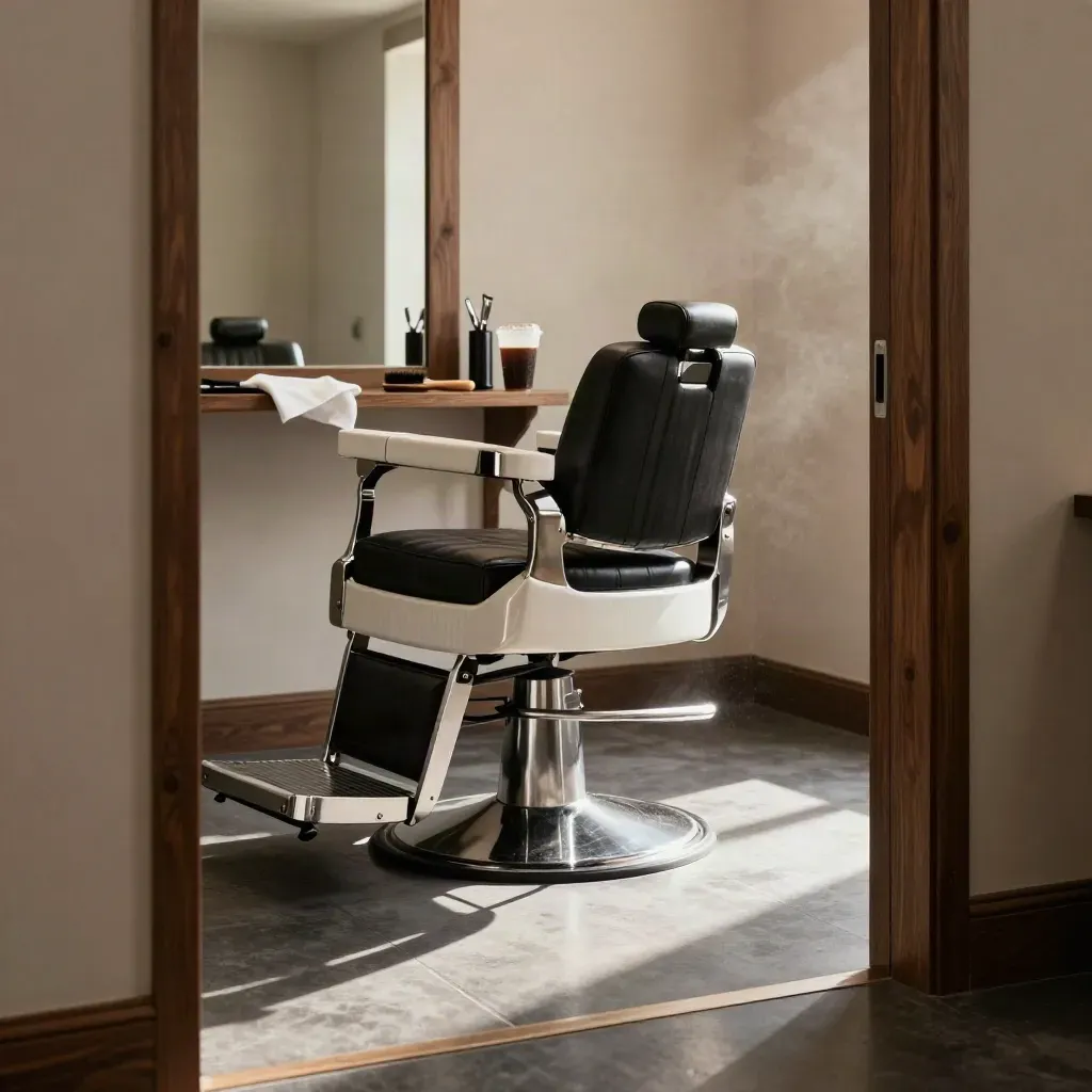 Reset barber chair with cape, clippers and coffee in a moody salon doorway