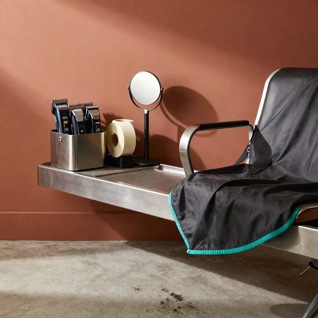 Walk-in grooming station with clipper guards, neck strips, mirror, folded cape, and chair edge.