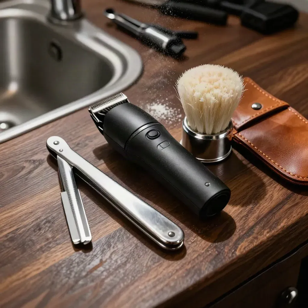 Barber tools on dark wood: razor, trimmer, guards, talc brush and leather strop