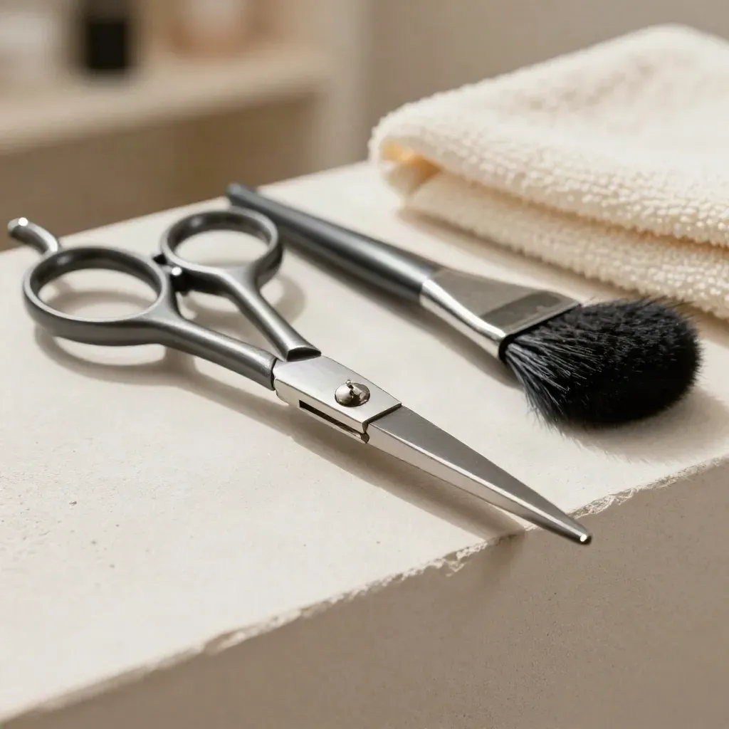 Macro salon tools on plaster ledge: scissors, clips, vent brush and round brush