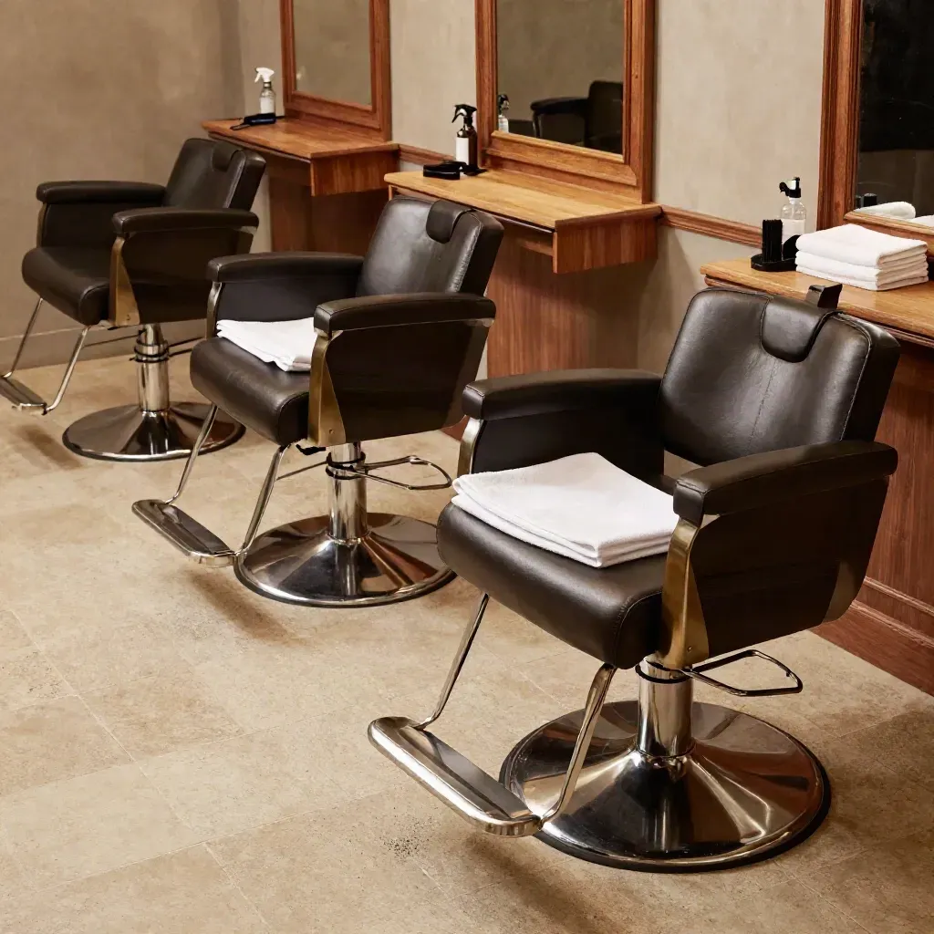 Three reset barber stations in a diagonal row, tools, folded capes, clean chairs, and drifting hair dust.