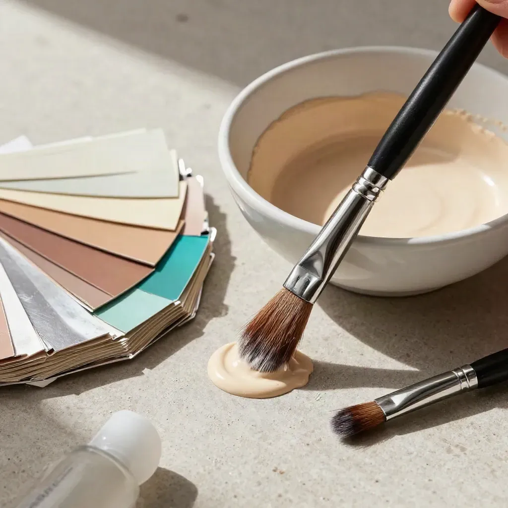 Tint brush, mixing bowl, foil stack, swatch ring and developer bottle on brushed stone, softly lit