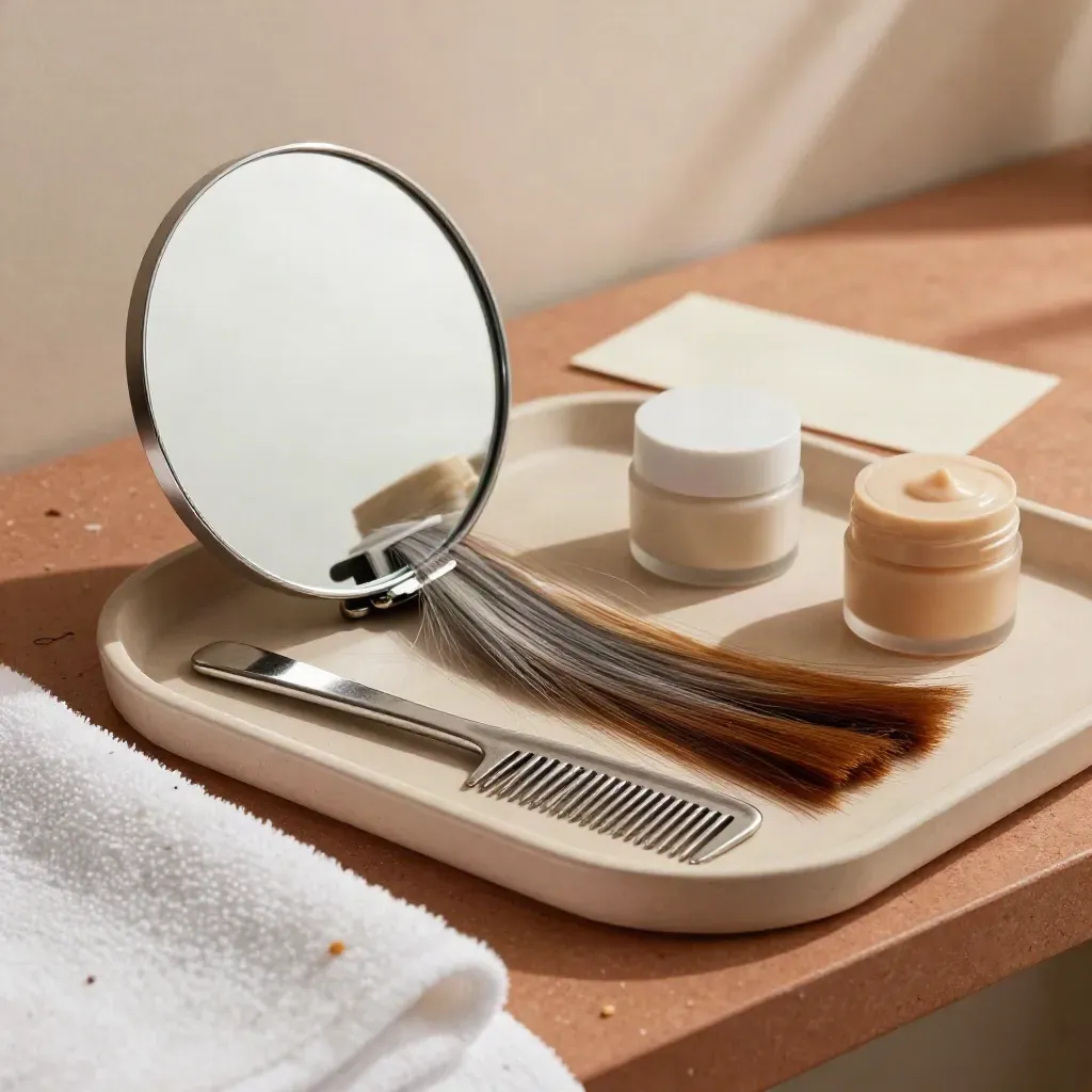 Consultation tray with mirror, swatch ring, comb and sample jars on terracotta plaster.