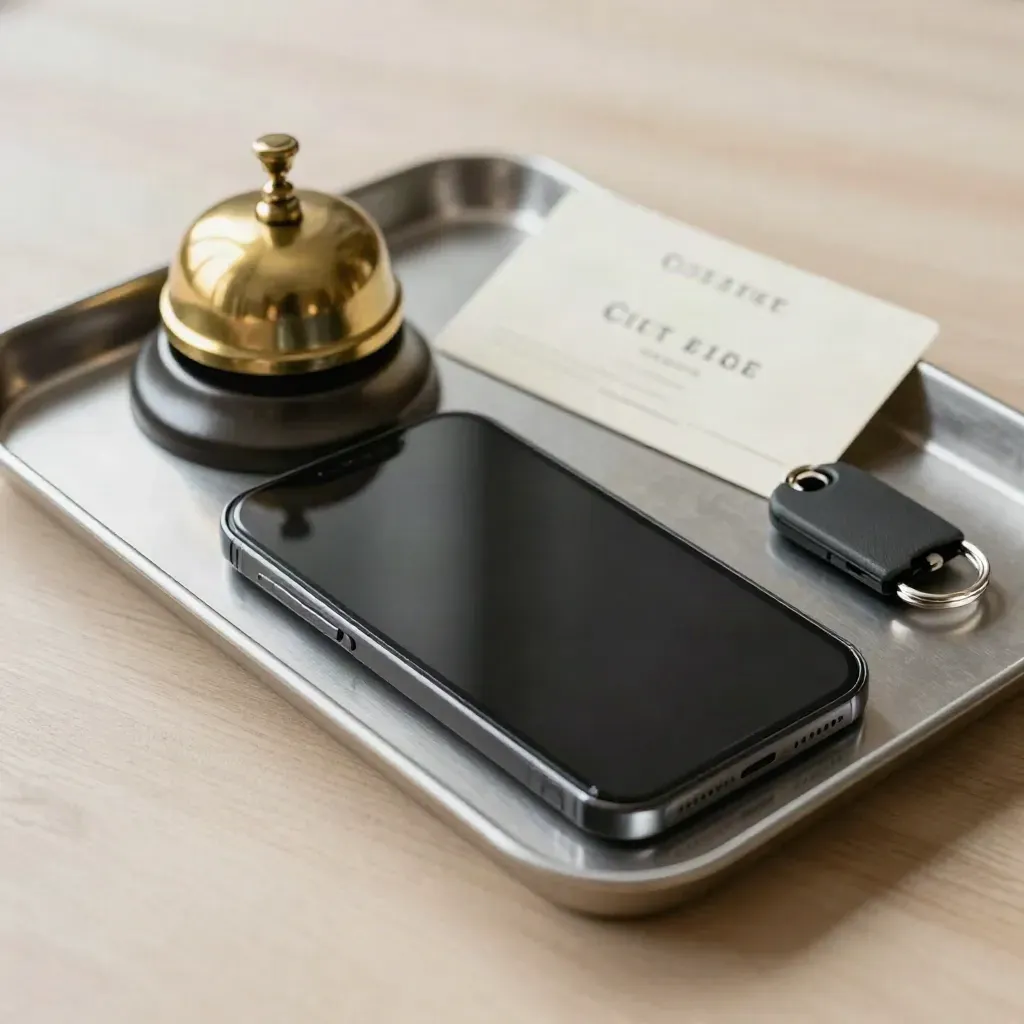 Overhead booking still life with phone, bell, key fob and blurred card on pale wood