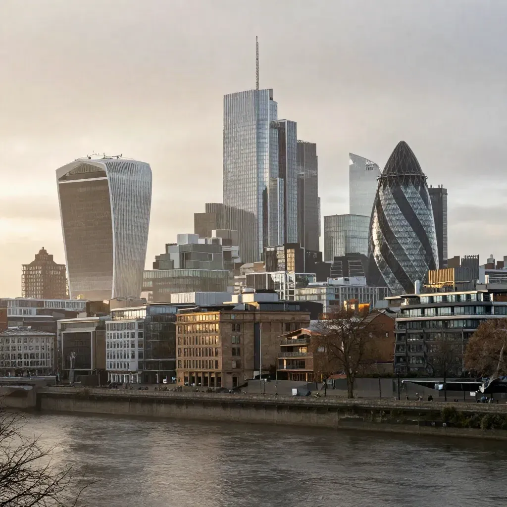 Manchester skyline with Beetham Tower above wet granite and river haze at dawn
