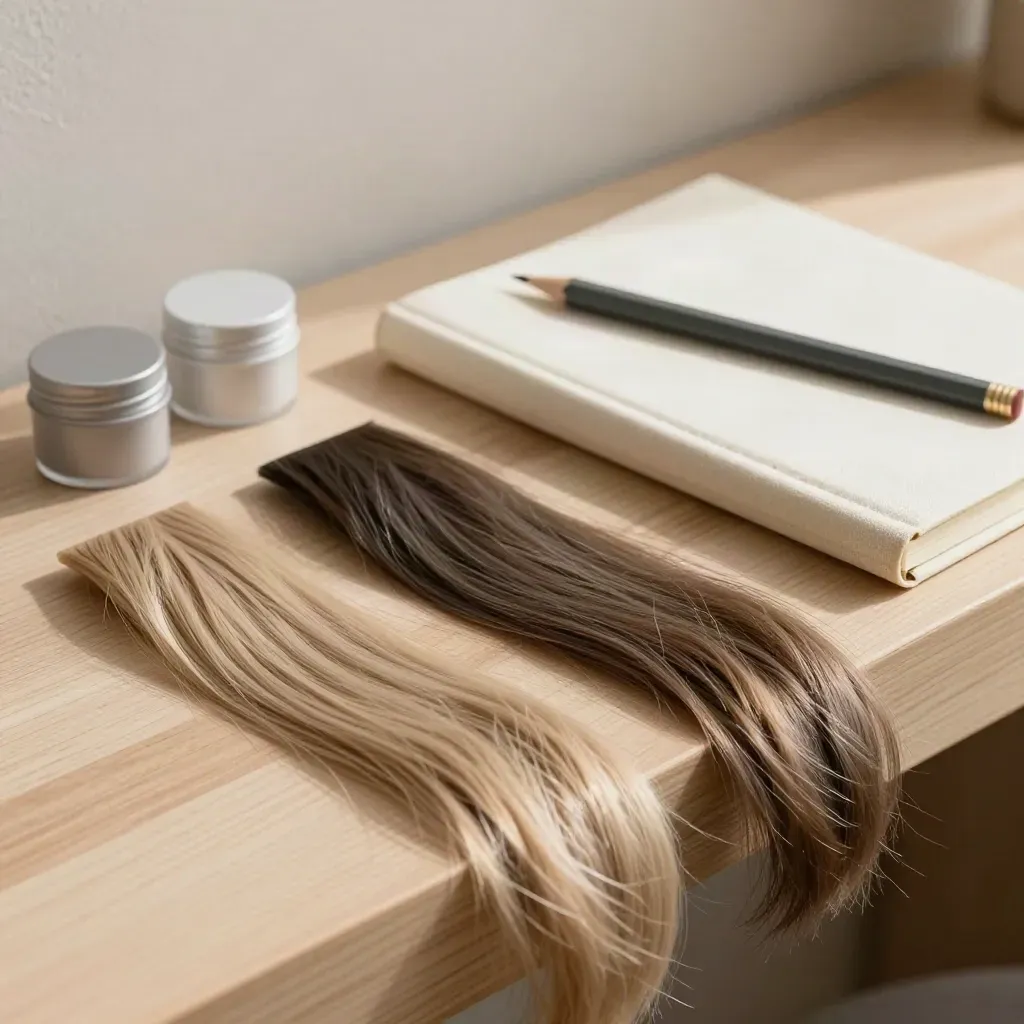 Hair swatches, closed notebook and sample pots on a pale wood ledge with soft side light.