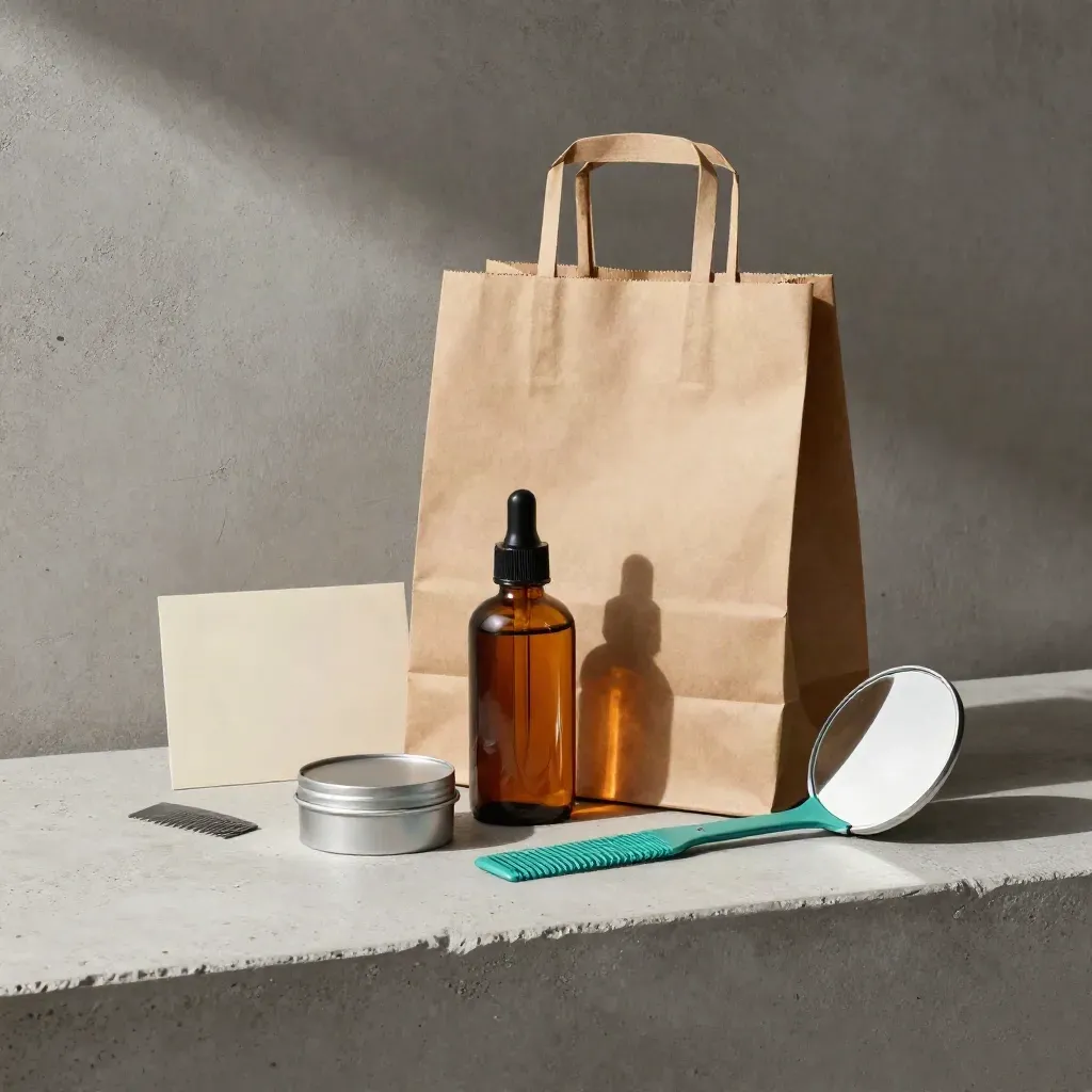 Kraft take-home bag with beard oil, comb, tin and mirror on a concrete shelf.