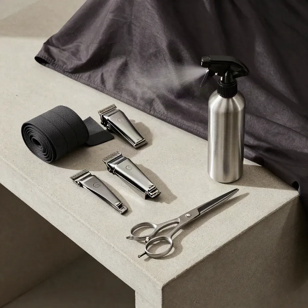 Overhead barber tools flatlay with cape, spray bottle, guards, scissors and mist on concrete.