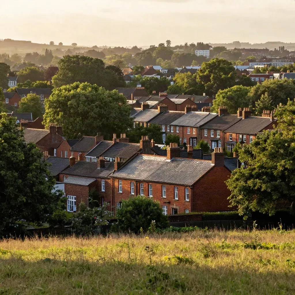Golden-hour South Manchester terraces and tree canopies over a calm grassy foreground.