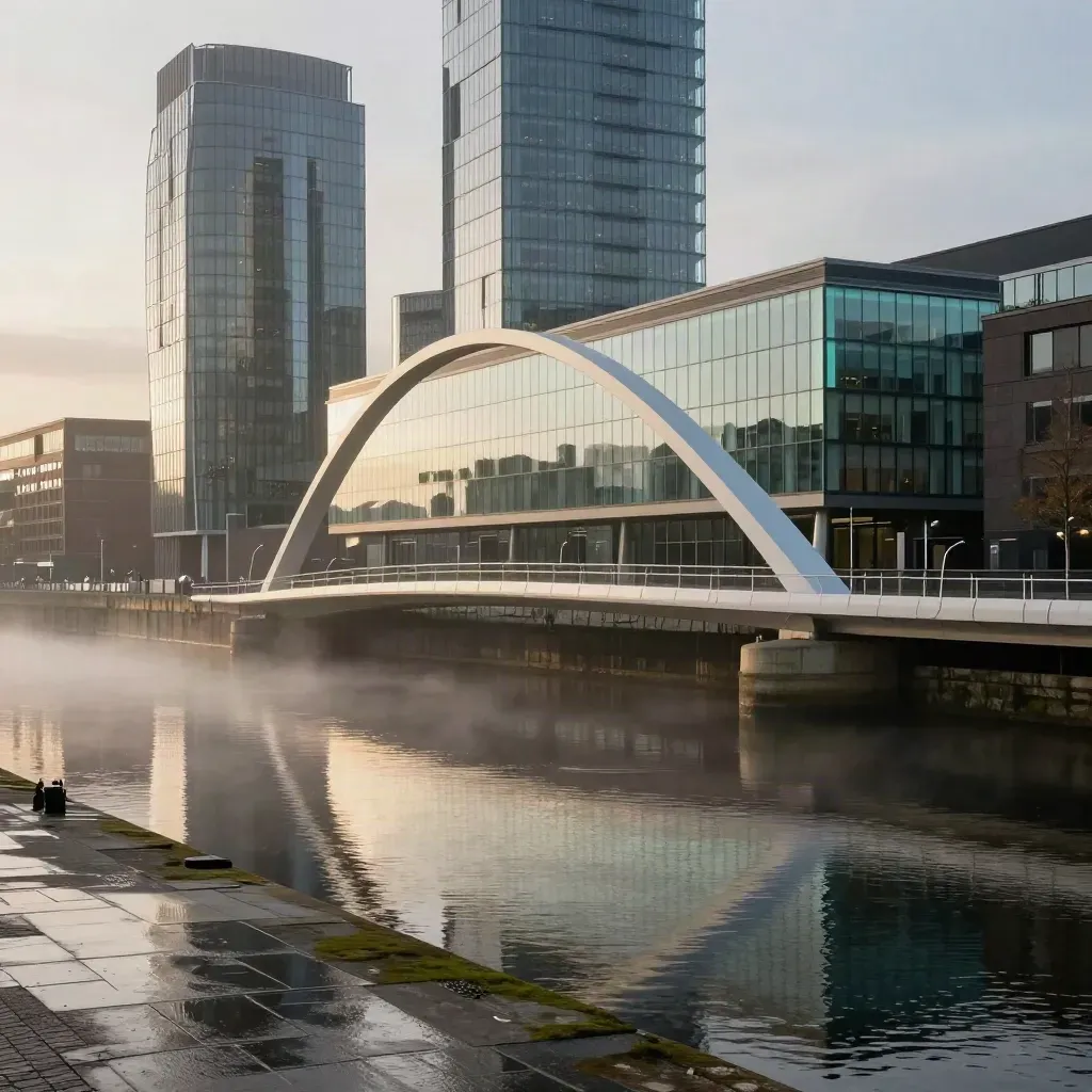 MediaCity towers and bridge over calm misty Salford Quays water at blue hour