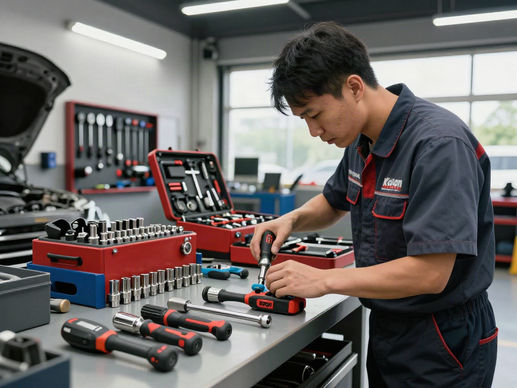 Koken tools UK showcased in a professional automotive workshop with a mechanic using a Koken ratchet set.