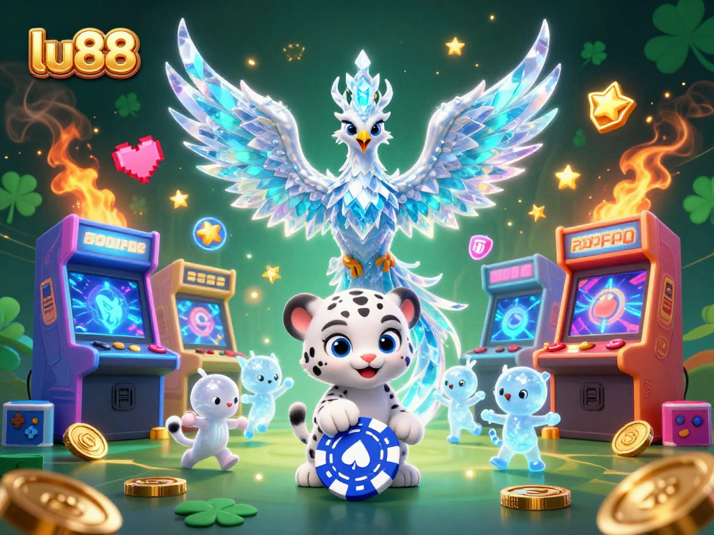 Experience the thrill of lu88 with a vibrant 3D illustration filled with playful characters and casino elements.