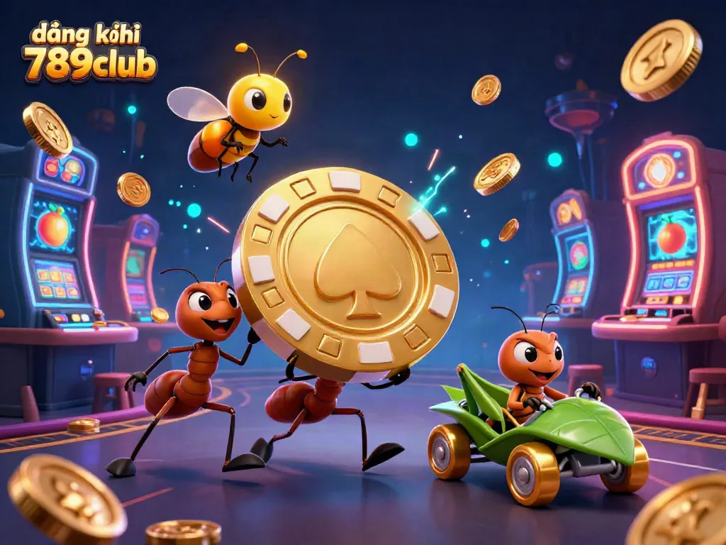 Join the action with đăng ký 789club as ants navigate a vibrant casino heist scene filled with poker chips and neon lights.