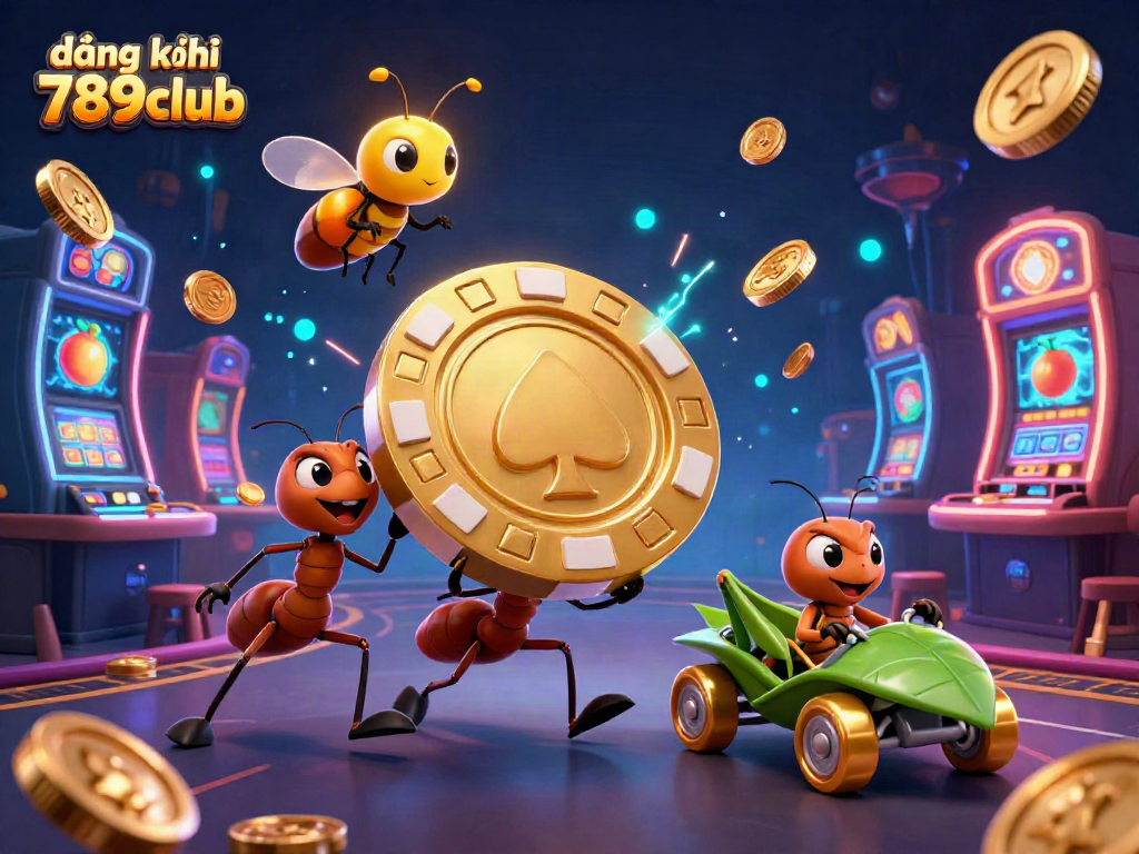 Join the action with đăng ký 789club as ants navigate a vibrant casino heist scene filled with poker chips and neon lights.