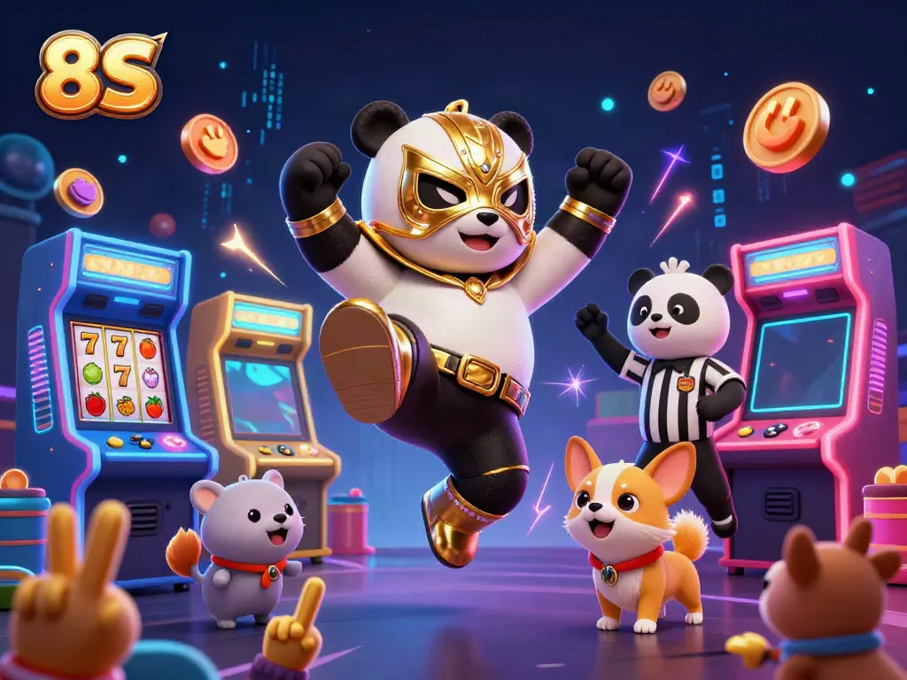 Engaging casino scene with 8S, featuring a panda wrestler and animated crowd celebrating around dynamic slot machines.