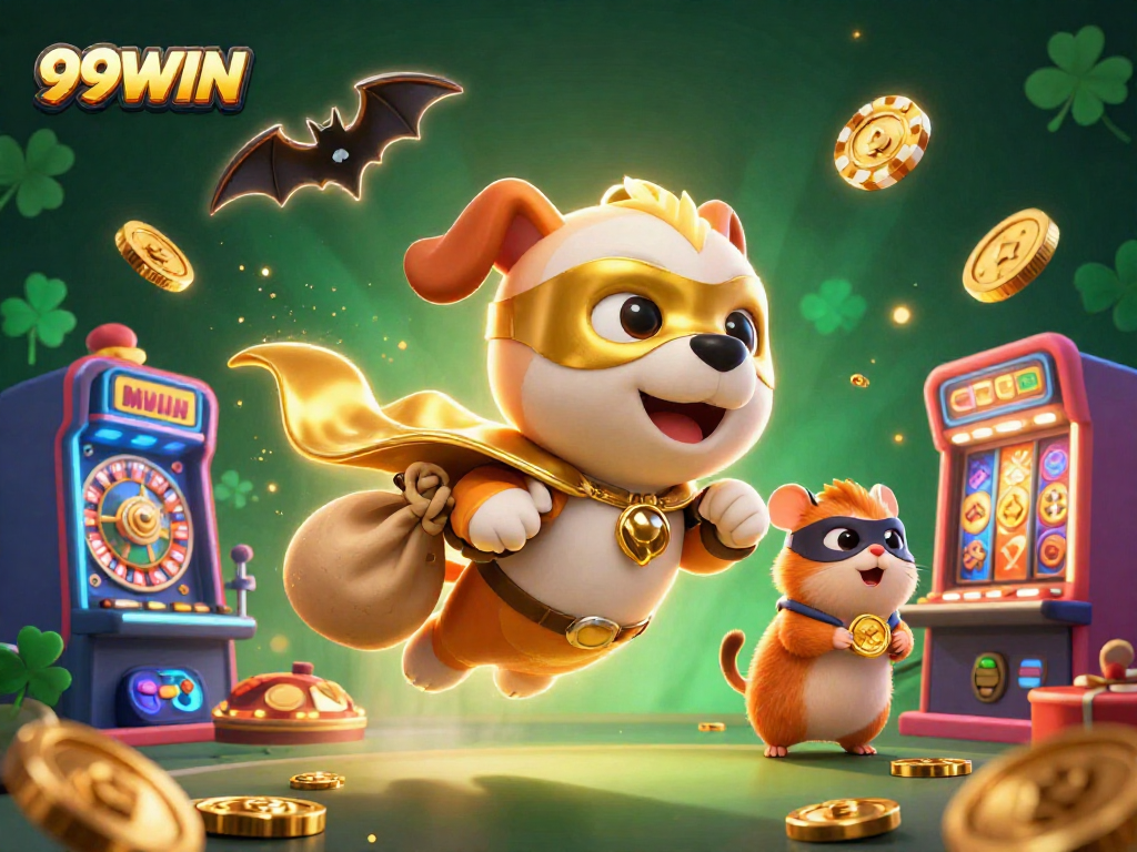 Experience 99WIN with a dynamic and colorful illustration of gaming excitement filled with gold coins and casino games.