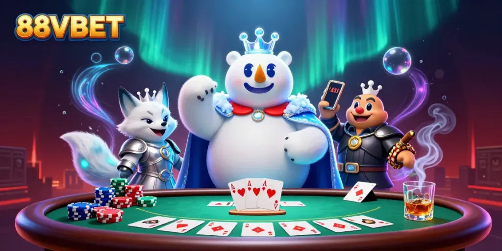 Experience poker excitement at 88VBET with a dynamic scene featuring a polar bear and snow fox.