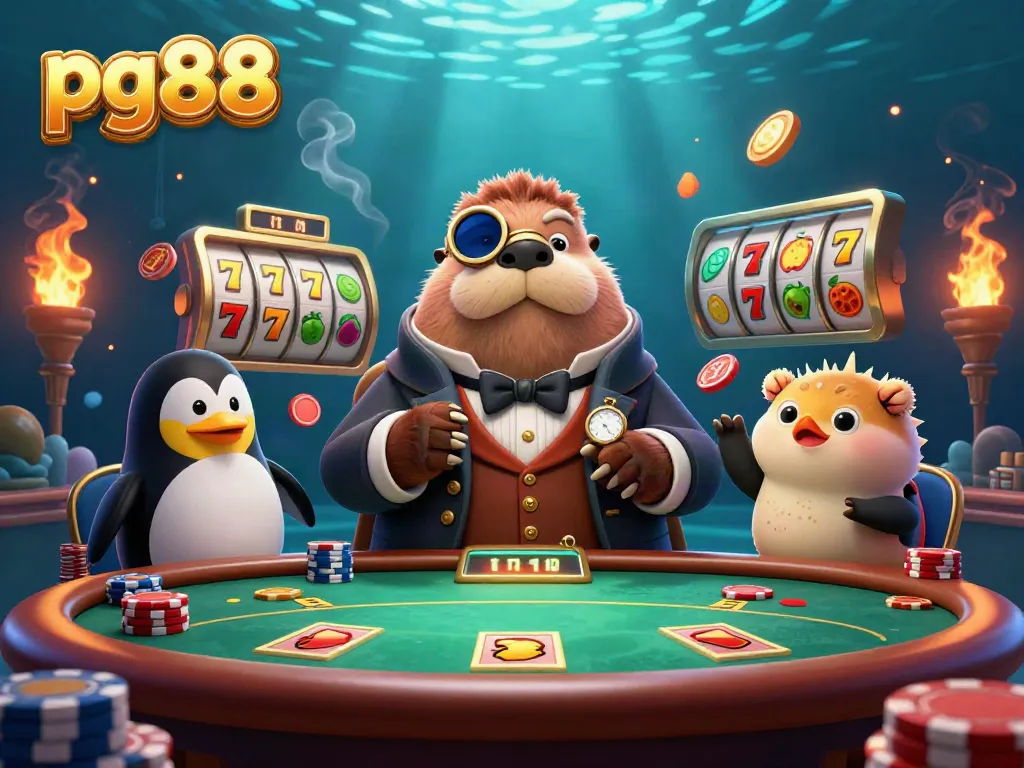 Join the fun at pg88 with a jolly walrus and friends at an underwater casino table, showcasing slots and poker.
