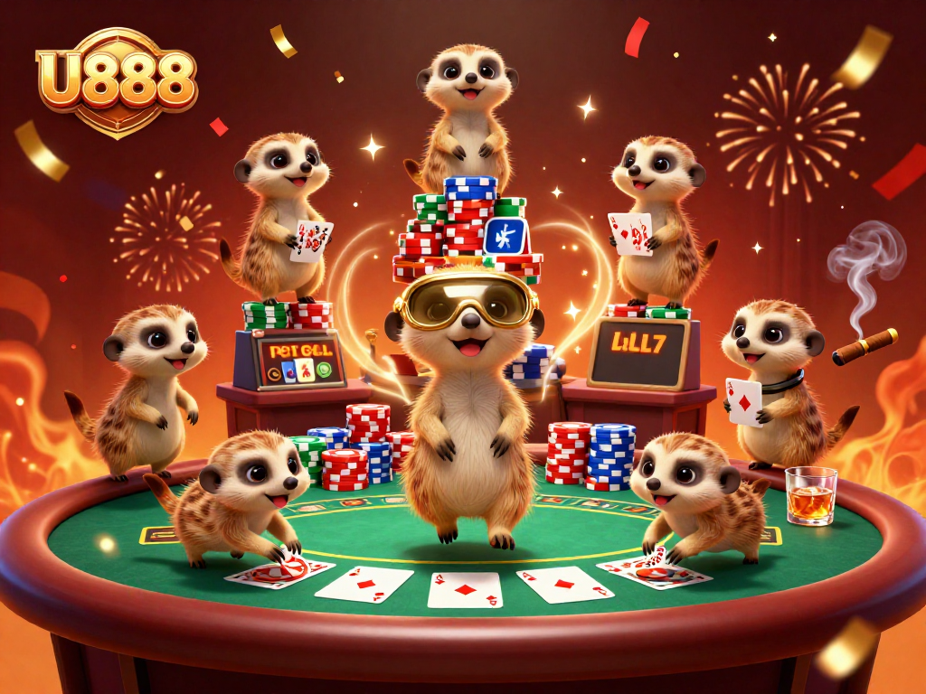 U888 meerkats managing an energetic casino scene filled with poker elements and celebratory confetti