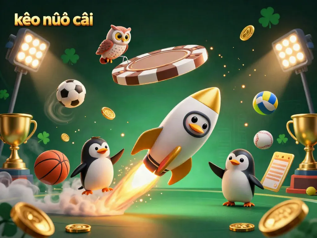 Experience thrilling betting with kèo nhà cái in this energetic 3D illustration featuring a golden penguin navigating a casino-themed galaxy.