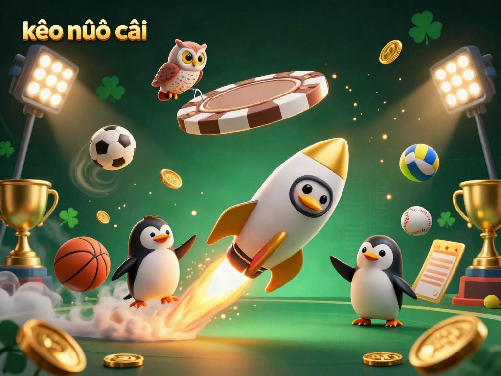 Experience thrilling betting with kèo nhà cái in this energetic 3D illustration featuring a golden penguin navigating a casino-themed galaxy.