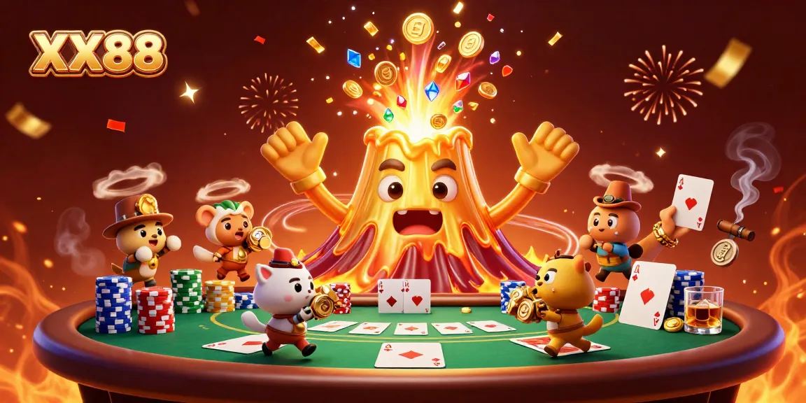 Experience thrilling moments at XX88 with a cartoon golden volcano erupting coins and treasure.
