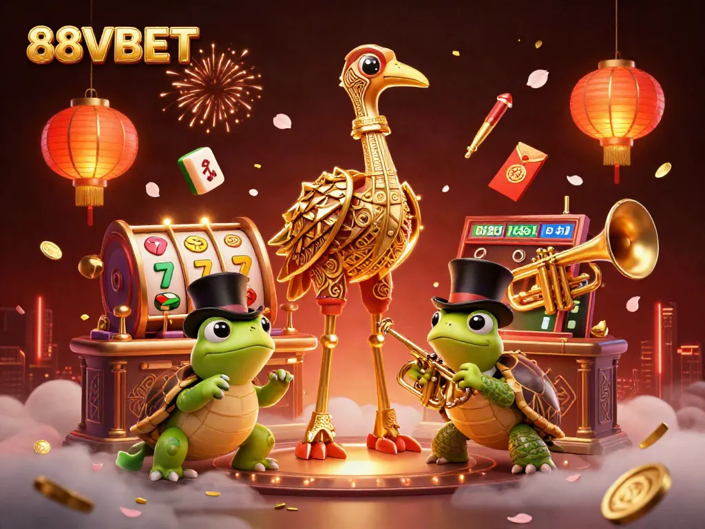 A vibrant 3D depiction of the 88VBET casino experience with iconic characters, slot elements, and festive decorations.