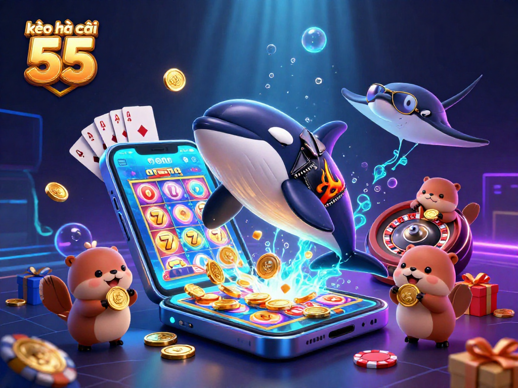 Engage with kèo nhà cái 55 through a vibrant underwater casino scene featuring unique characters and slot games.