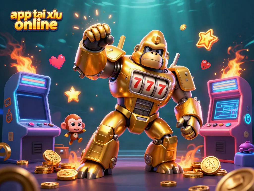 Engage with app tài xỉu online through a vibrant 3D illustration of a golden gorilla mech and arcade elements.