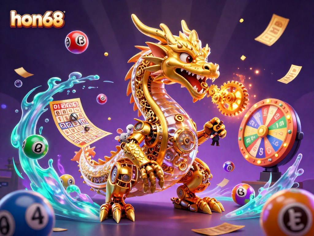 Engage with hon68 in a dynamic scene featuring a golden dragon and lottery elements, ideal for online gaming.