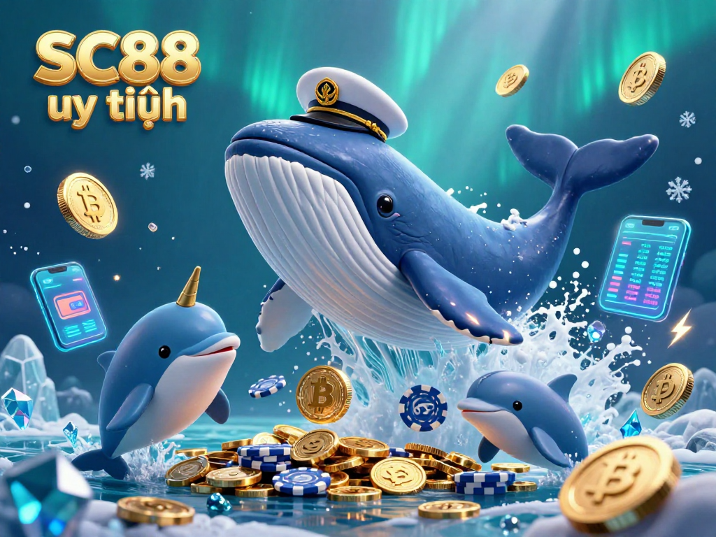 Engage with SC88 uy tín through a dynamic 3D scene featuring a captain whale, narwhal, and playful dolphins.