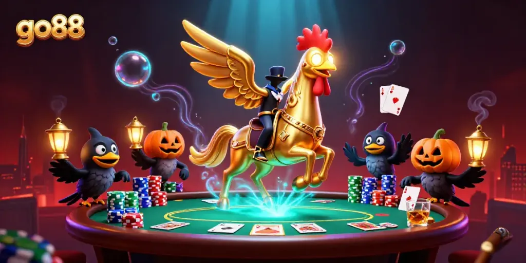 Join the excitement at go88 casino with a thrilling night of poker and lively animations featuring a golden rooster and companions.