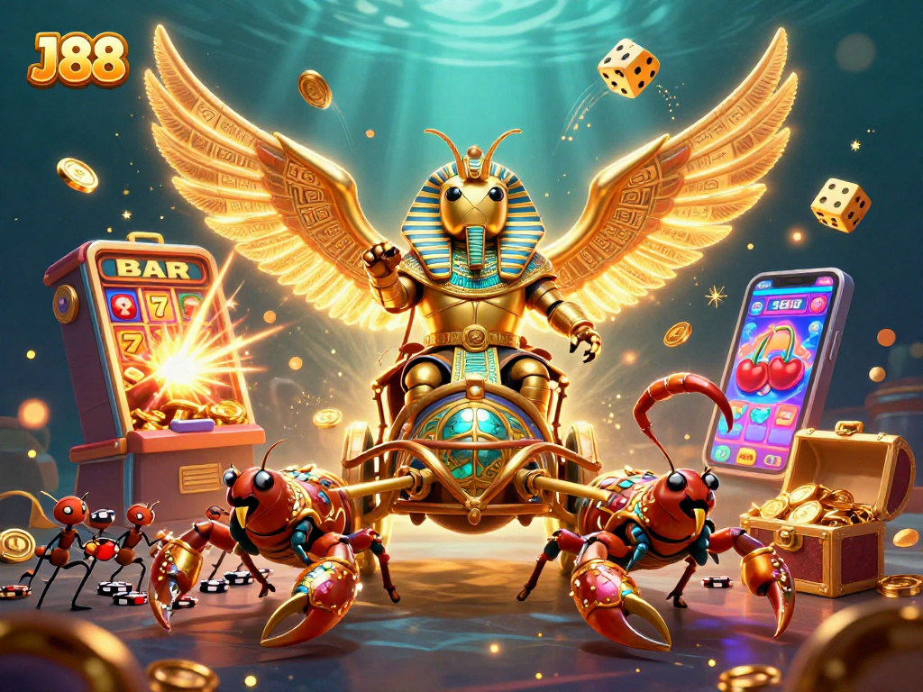 Engage with J88's exciting gaming adventure, featuring a golden scarab beetle, scorpions, and casino elements.