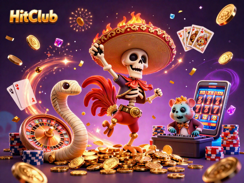 HitClub showcases a lively 3D scene with a mariachi rooster amidst casino elements.