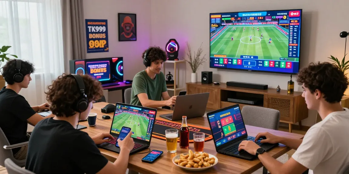 Players enjoying online betting and casino games on TK999 in a vibrant and engaging home setting.