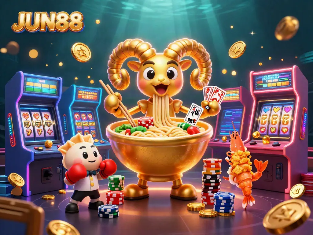 Experience the excitement of JUN88 casino with a dynamic 3D cartoon scene featuring a golden ramen bowl dealer and arcade elements.
