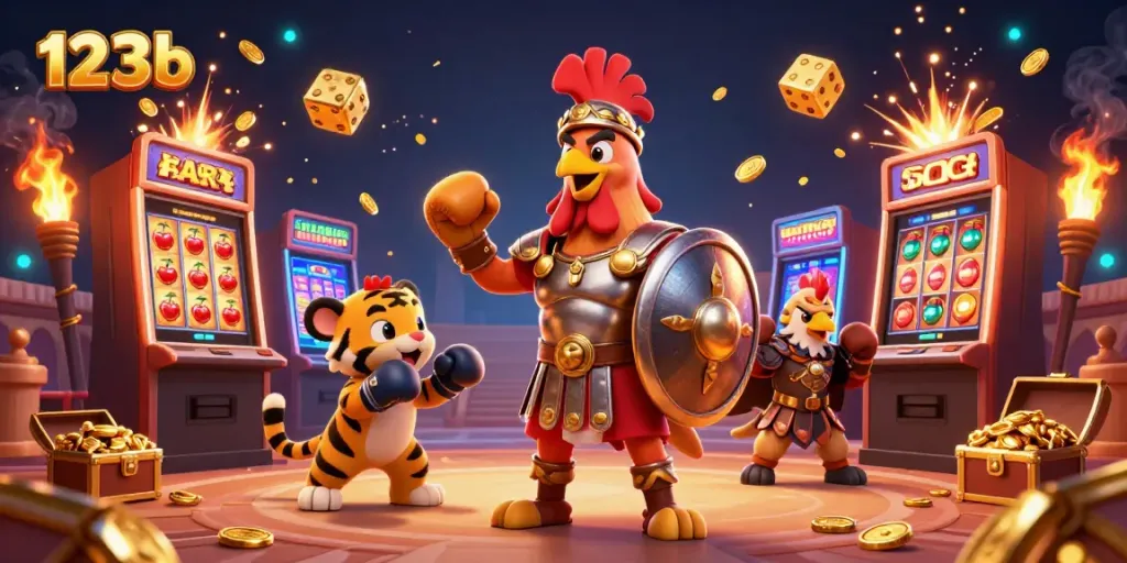 Experience the vibrant world of 123b with a captivating 3D illustration featuring a gladiator rooster, games, and treasures.