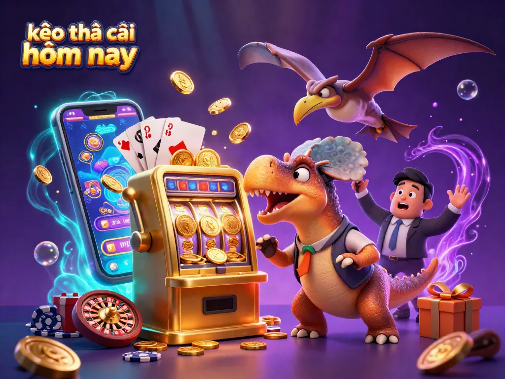 Kèo nhà cái hôm nay showcases a pachycephalosaurus winning jackpot at a slot machine with golden coins flying around.