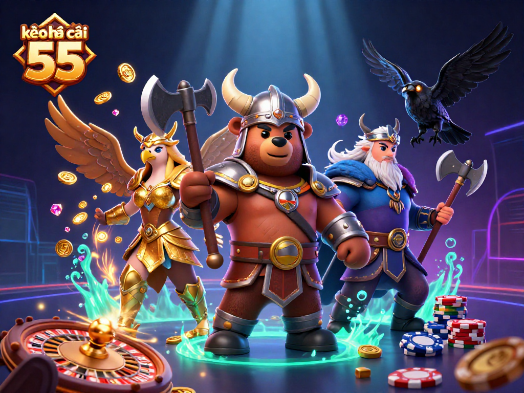 Engage with kèo nhà cái 55 as Viking characters wield weapons amid a lively casino scene.