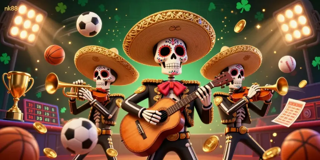 Experience the excitement of nk88 casino gaming with vibrant illustrations of a mariachi band and dynamic sports elements.