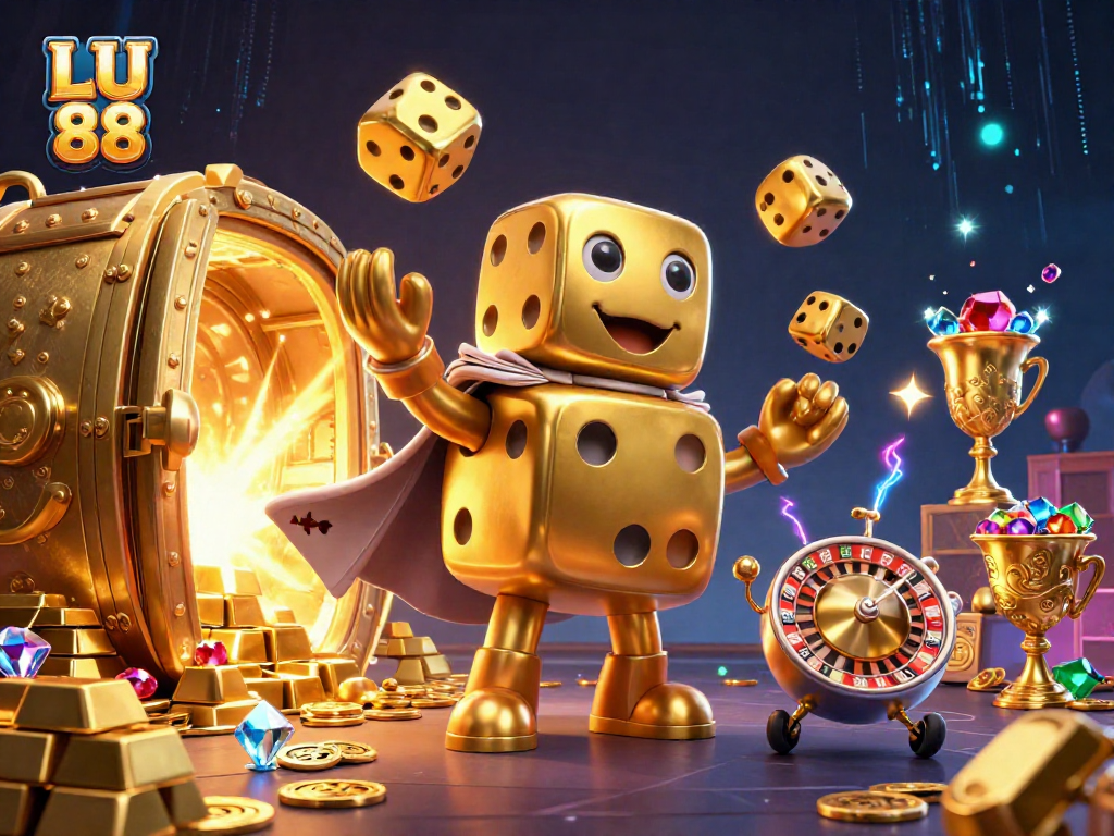 Engage with LU 88's vibrant casino scene featuring a golden dice golem and dynamic gaming elements.