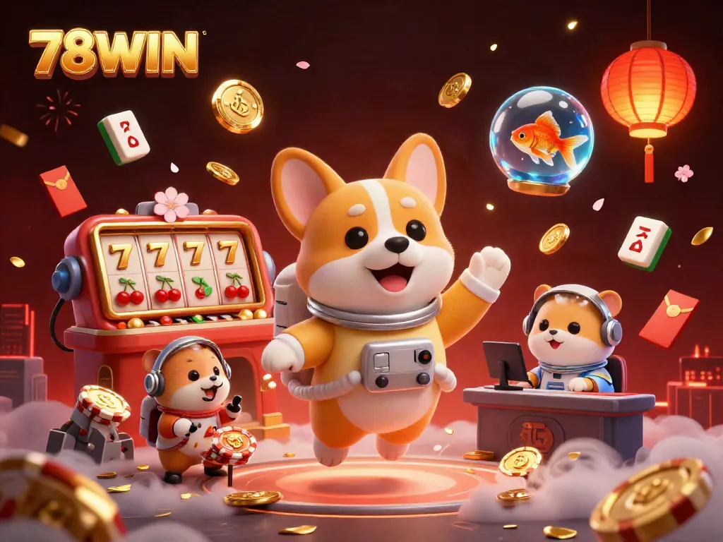 Experience the vibrant casino atmosphere with 78WIN where floating poker chips and golden coins create excitement.