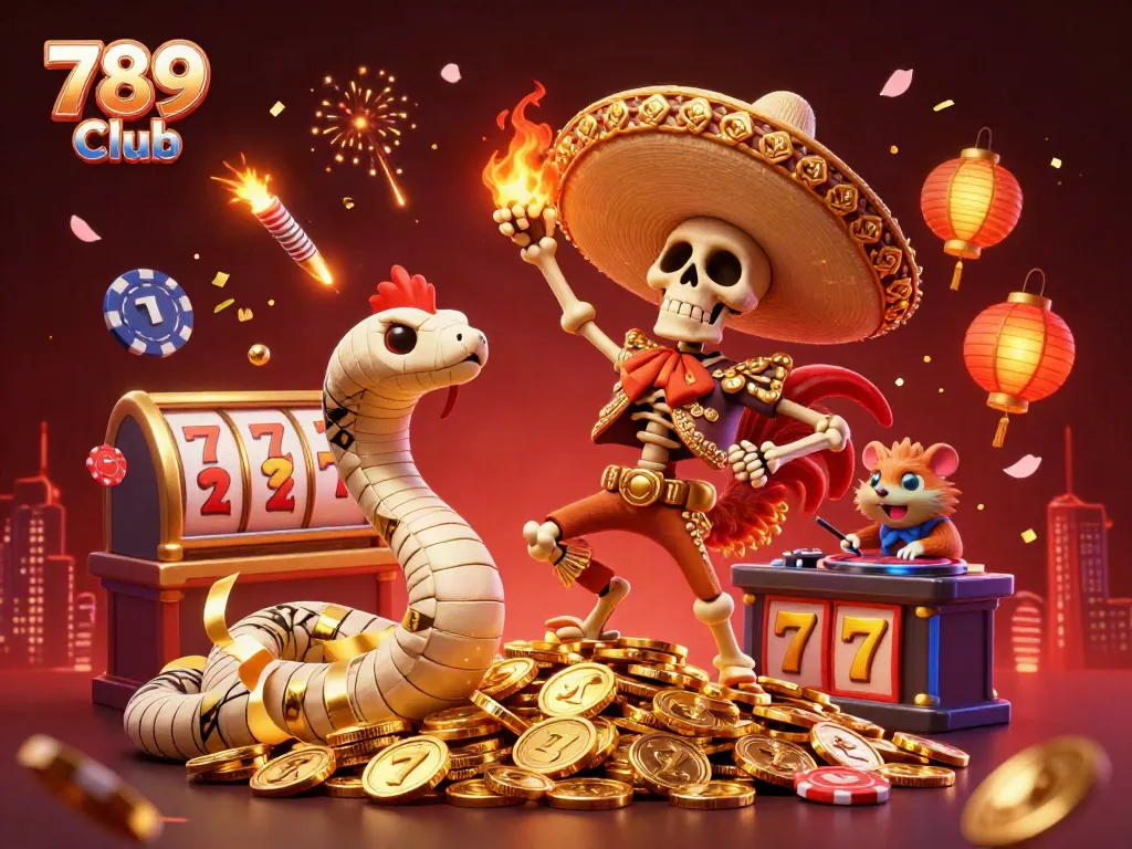 Experience exciting gameplay at 789 Club with a lively scene showcasing characters celebrating wins amidst gold coins and vibrant casino elements.