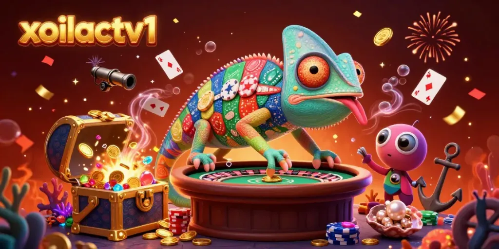 Xoilactv1 chameleon casino owner amidst vibrant underwater theme, capturing golden coins.
