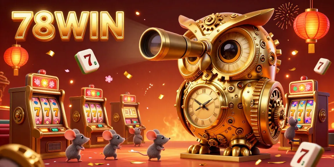 Engage with the vibrant environment of 78WIN's casino featuring a massive golden owl and festive decor.