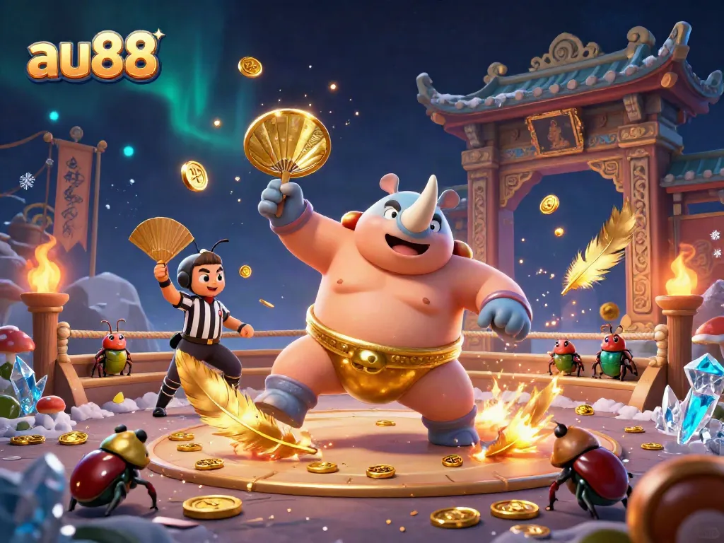 Witness the exciting action at au88 as the sumo champion beetle celebrates a golden win in a thrilling casino arena.