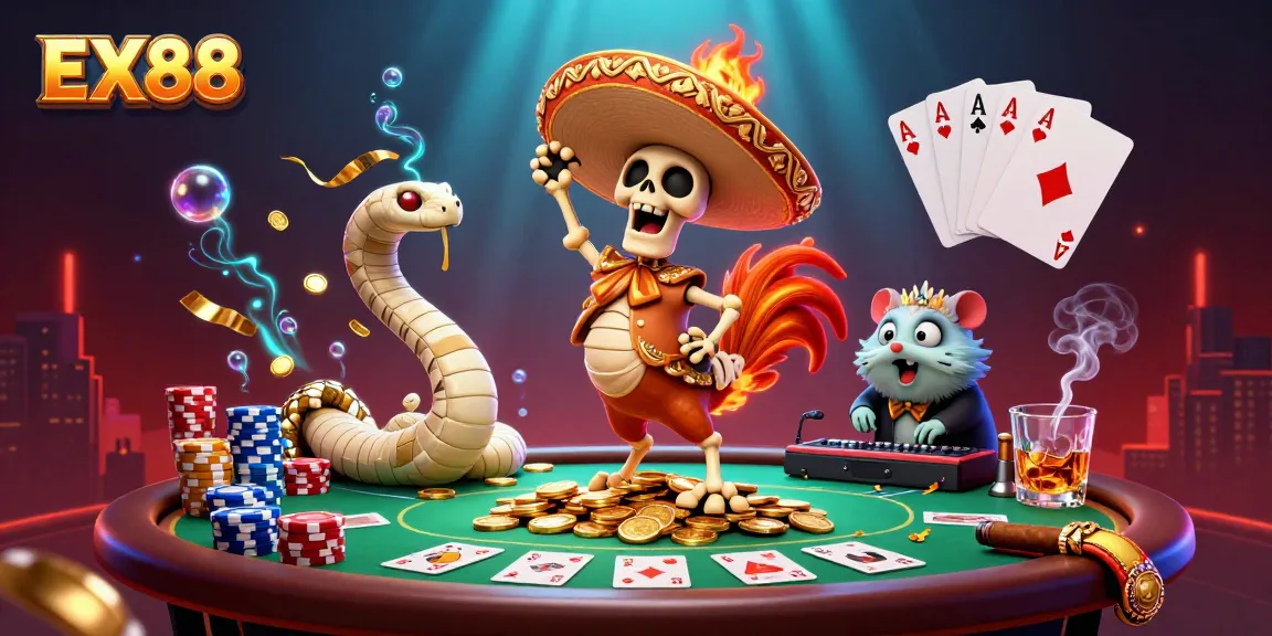 Experience the festive EX88 victory dance of a mariachi rooster and friends in a vibrant casino scene.
