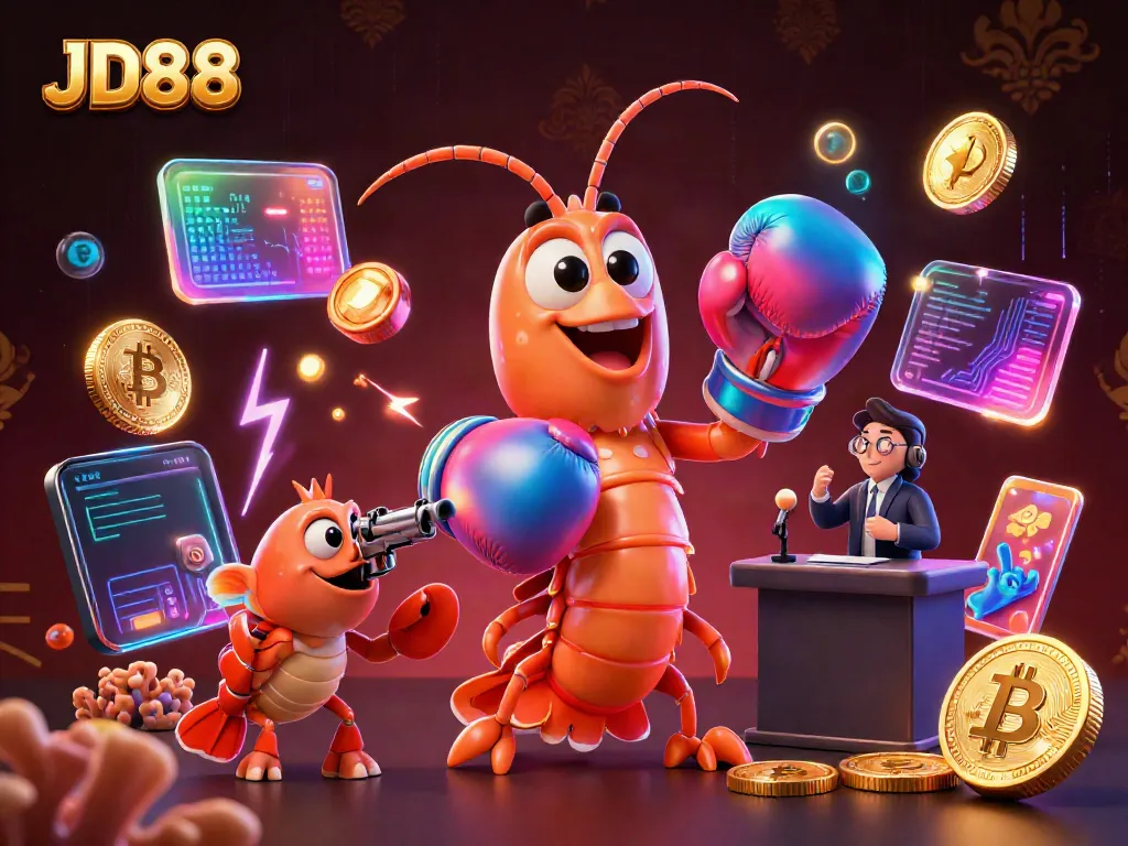 Experience thrilling gameplay at JD88 with vibrant characters and glowing cryptocurrencies.